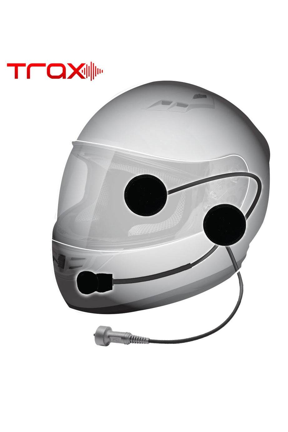 Trax Stereo Helmet Wiring Kit with G2 Speakers and gray plug, designed for Trax intercom systems.