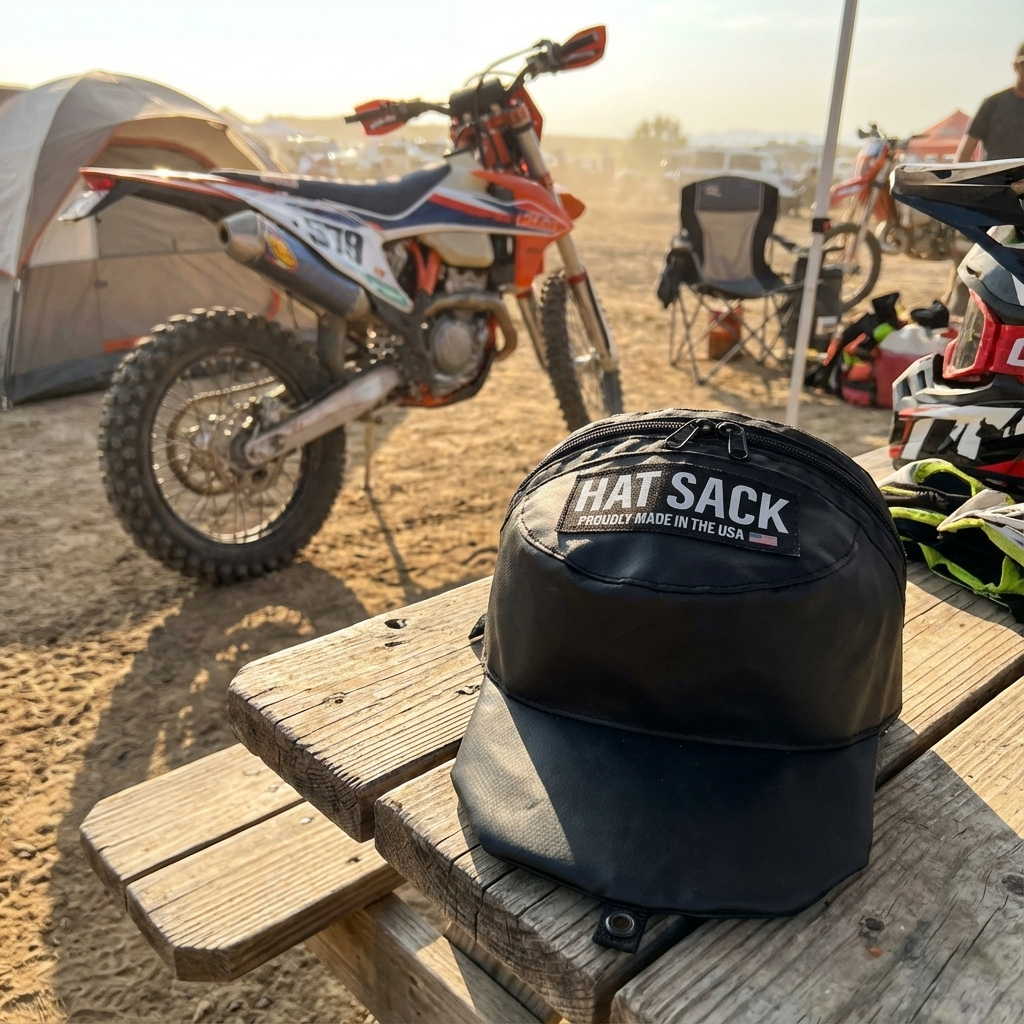 Hat Sack 2.0 Off-Road Edition durable hat storage bag in outdoor motocross setting