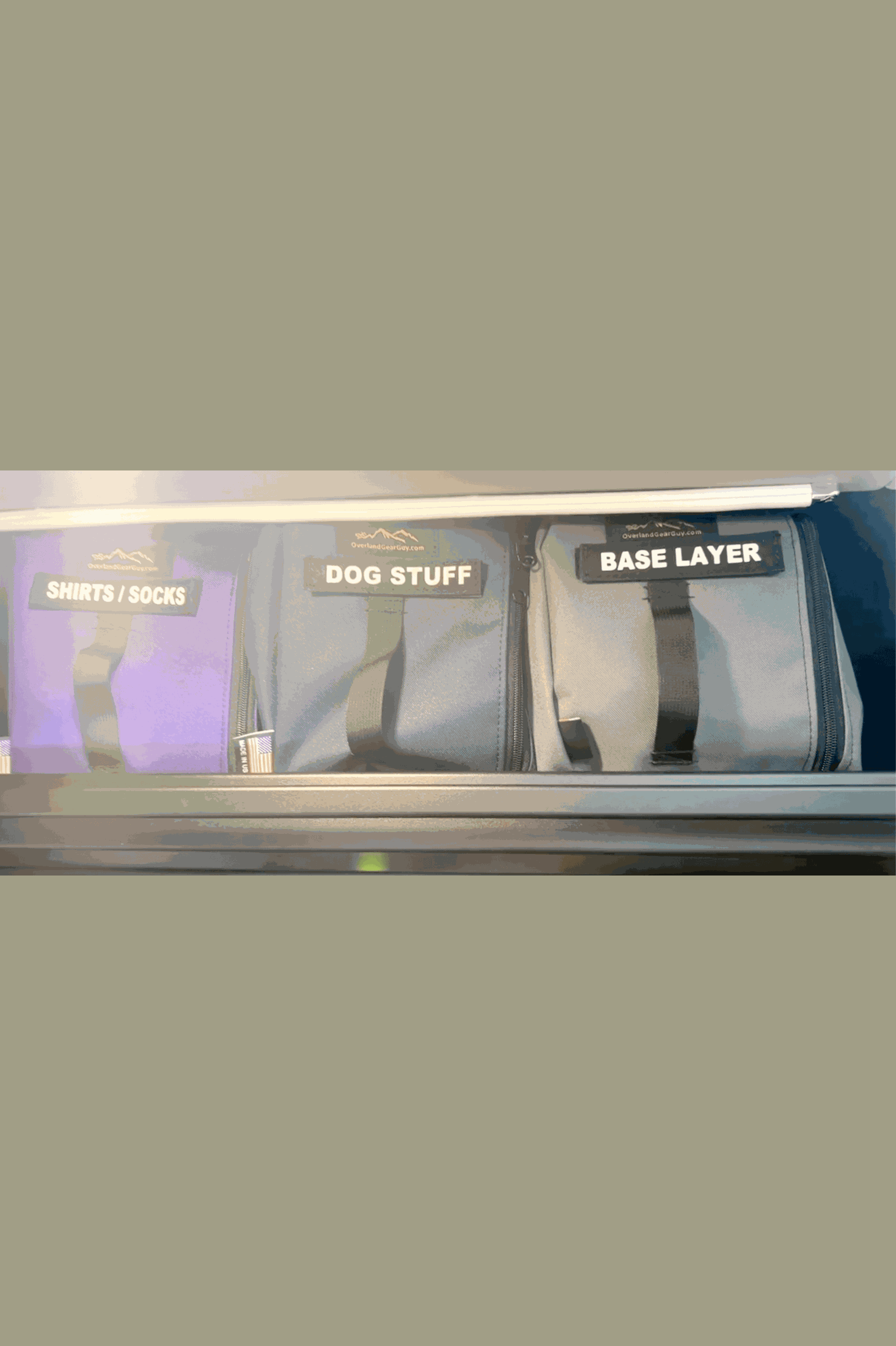 Headliner Shelf Storage Divider Bags 7 inch for Jayco van organization with labeled compartments for clothing, gear, and accessories