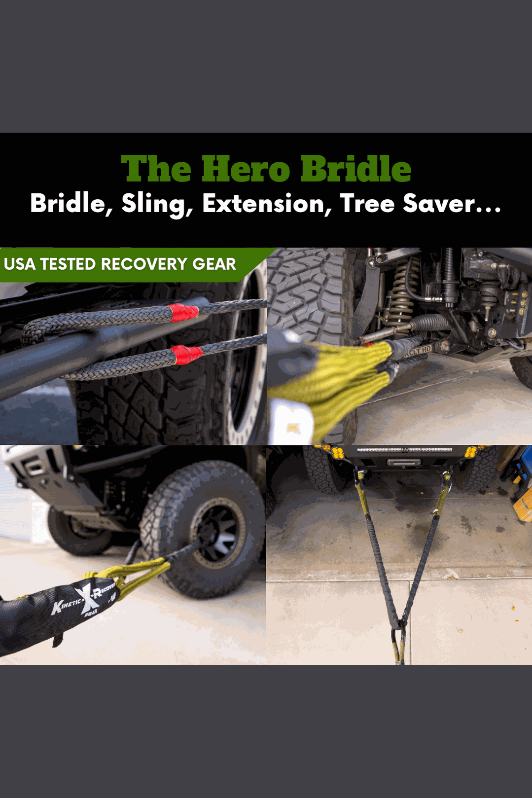 Hero Bridle with metal-edge rated recovery capability, versatile for off-road use, USA tested.