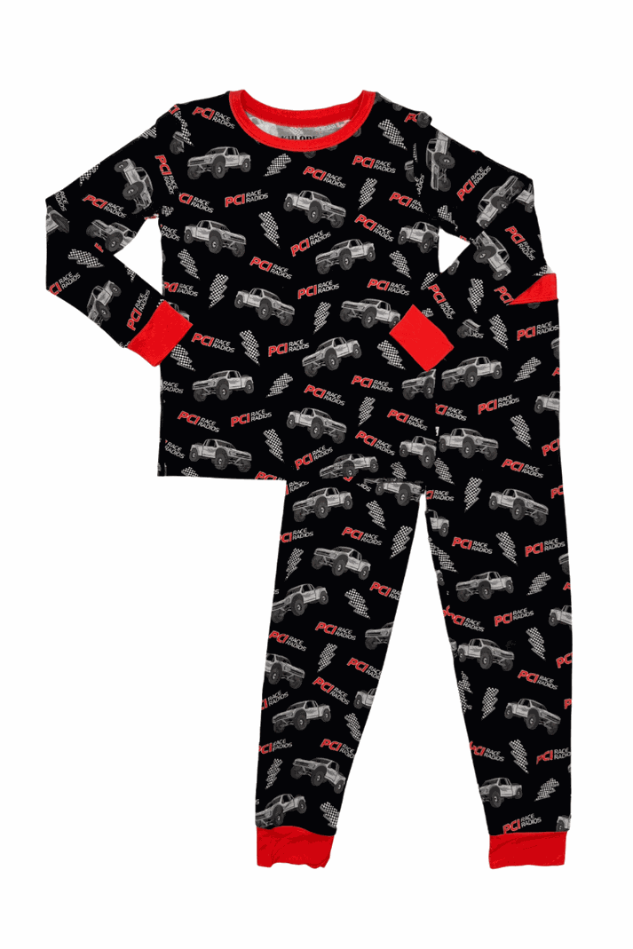 Luxurious PCI Bamboo Two Piece Long Sleeve Pajama Set with car print and red accents.