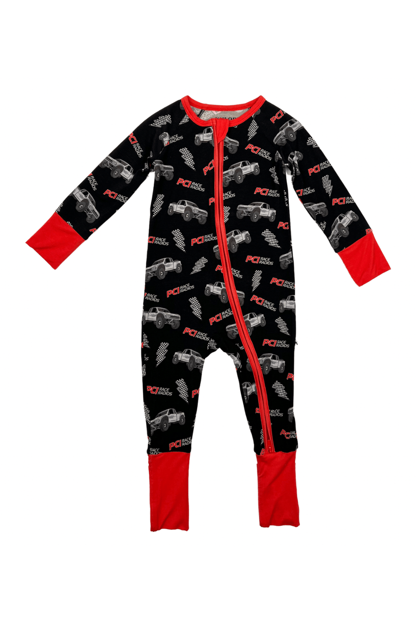 PCI Bamboo Zippy Pajama with car print and red accents, offering comfort and style.