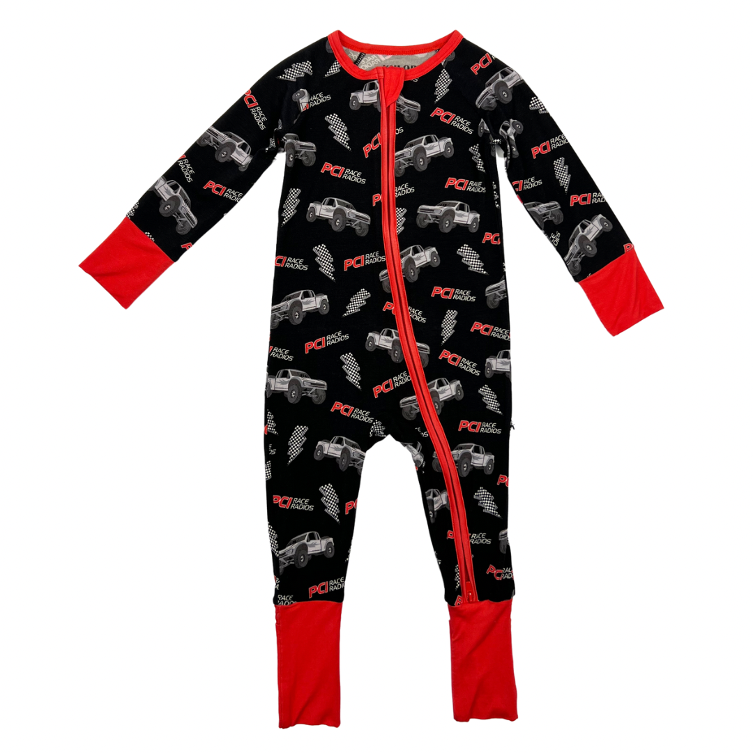 Baby wearing PCI Bamboo Zippy Pajama with 2-way zippers, fold-over footies with grips, and mittens for newborns