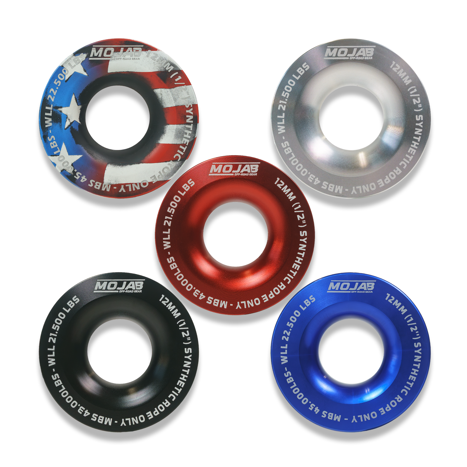 Set of five durable 3.8-inch aluminum snatch rings for heavy-duty off-road recovery with 22,500 lbs workload limit and lifetime warranty