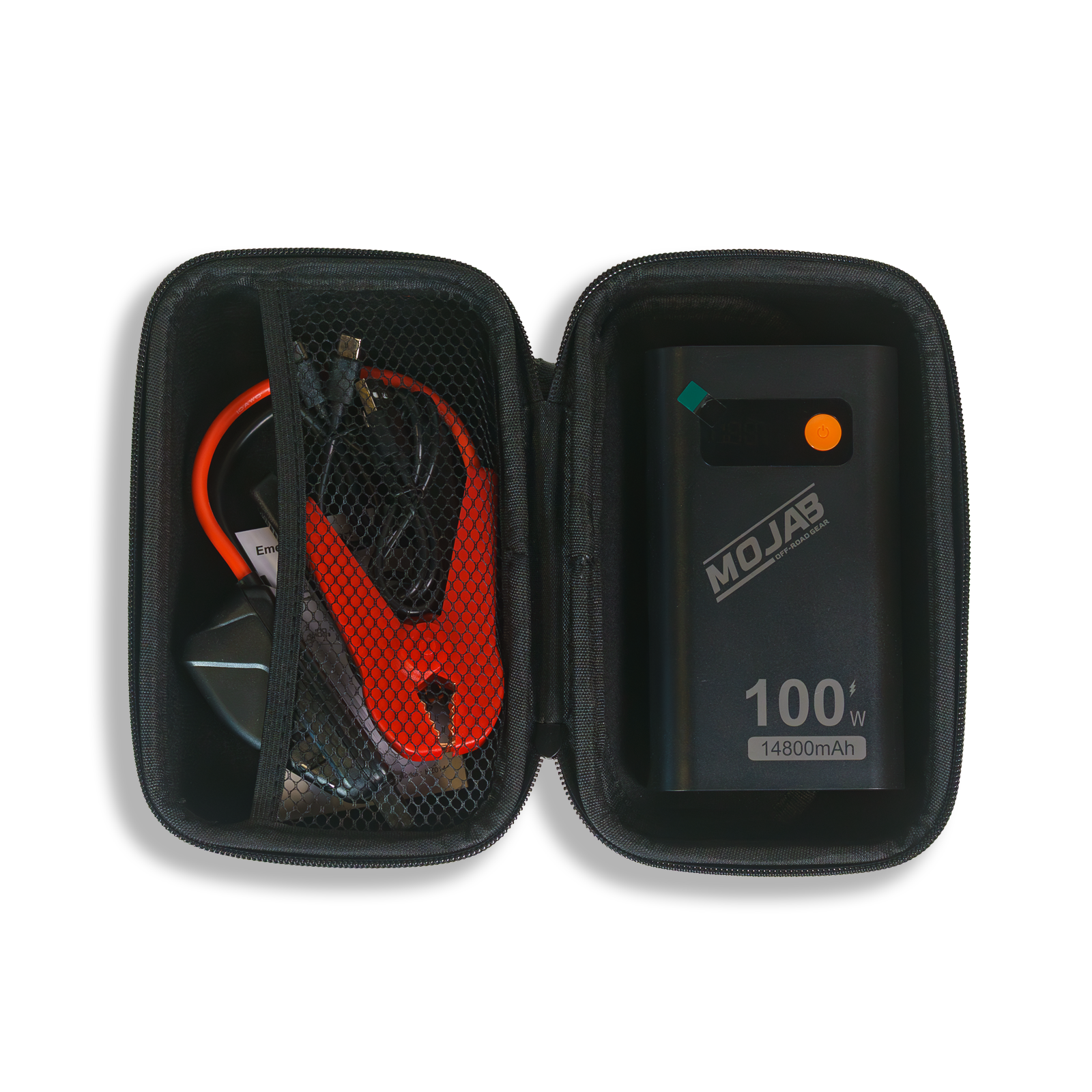 Compact battery booster and jump starter with USB charging, LED flashlight, and safety features in a portable case