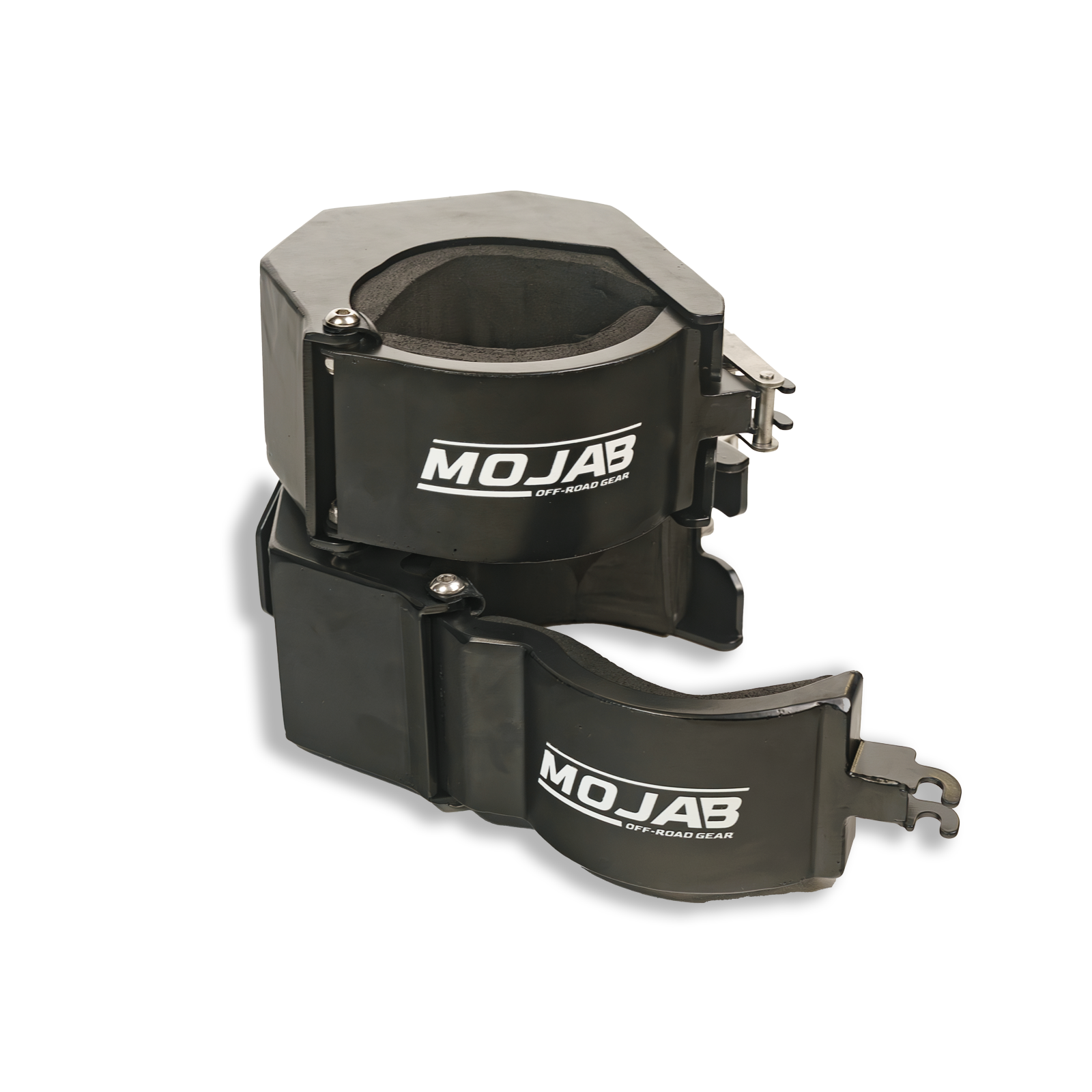 Heavy-duty mounting clamps securing hydraulic jack for enhanced stability and safety