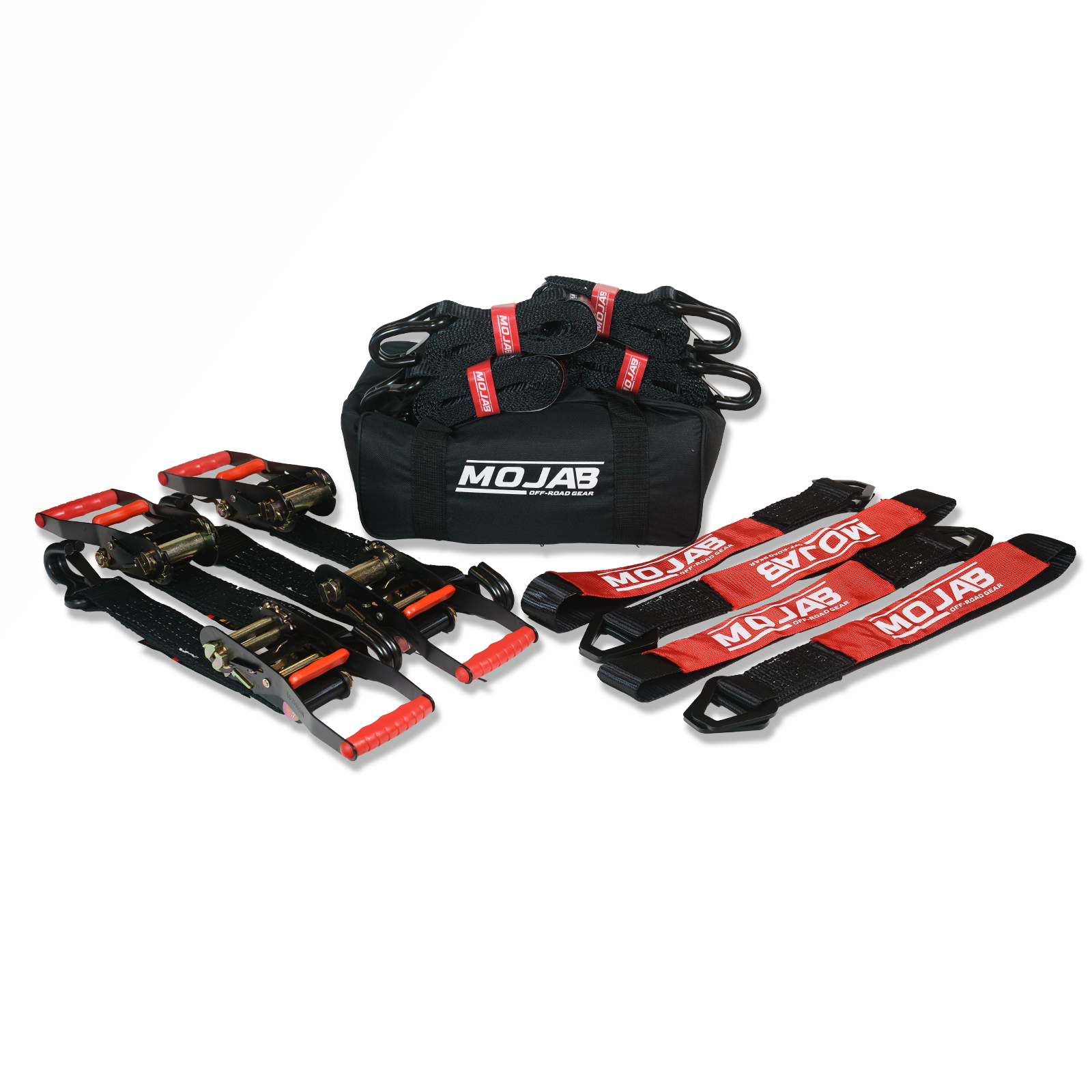 4-pack ratchet tie-down and axle straps set with hooks and clips for secure cargo transport
