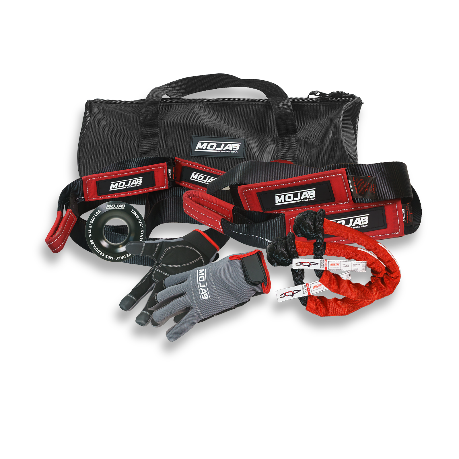Essential recovery kit with snatch ring, gloves, soft shackles, tow straps, and storage bags