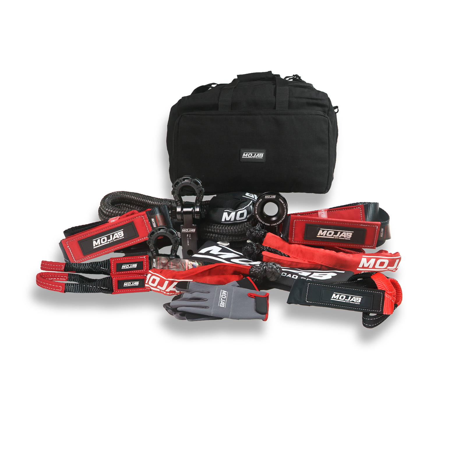 Heavy-duty 27-piece recovery kit with shackles, kinetic rope, tow straps, gloves, headlamp, storage bags, and velcro tapes