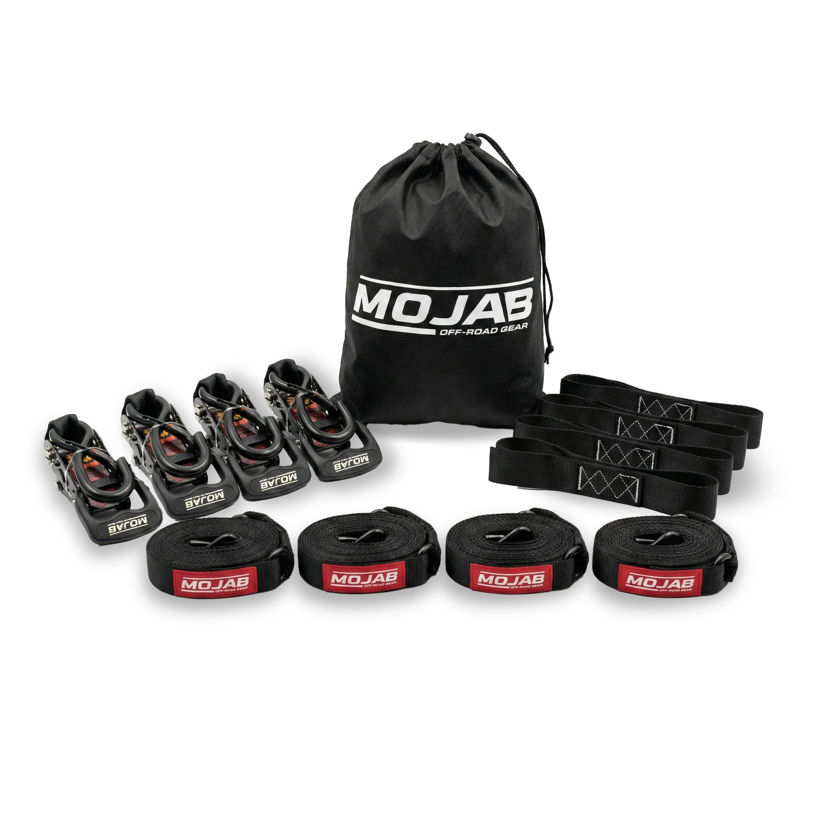 Four 1.6" x 15' ratchet tie-down straps with black hooks, clips, anchor loops, and storage bag for secure cargo transport