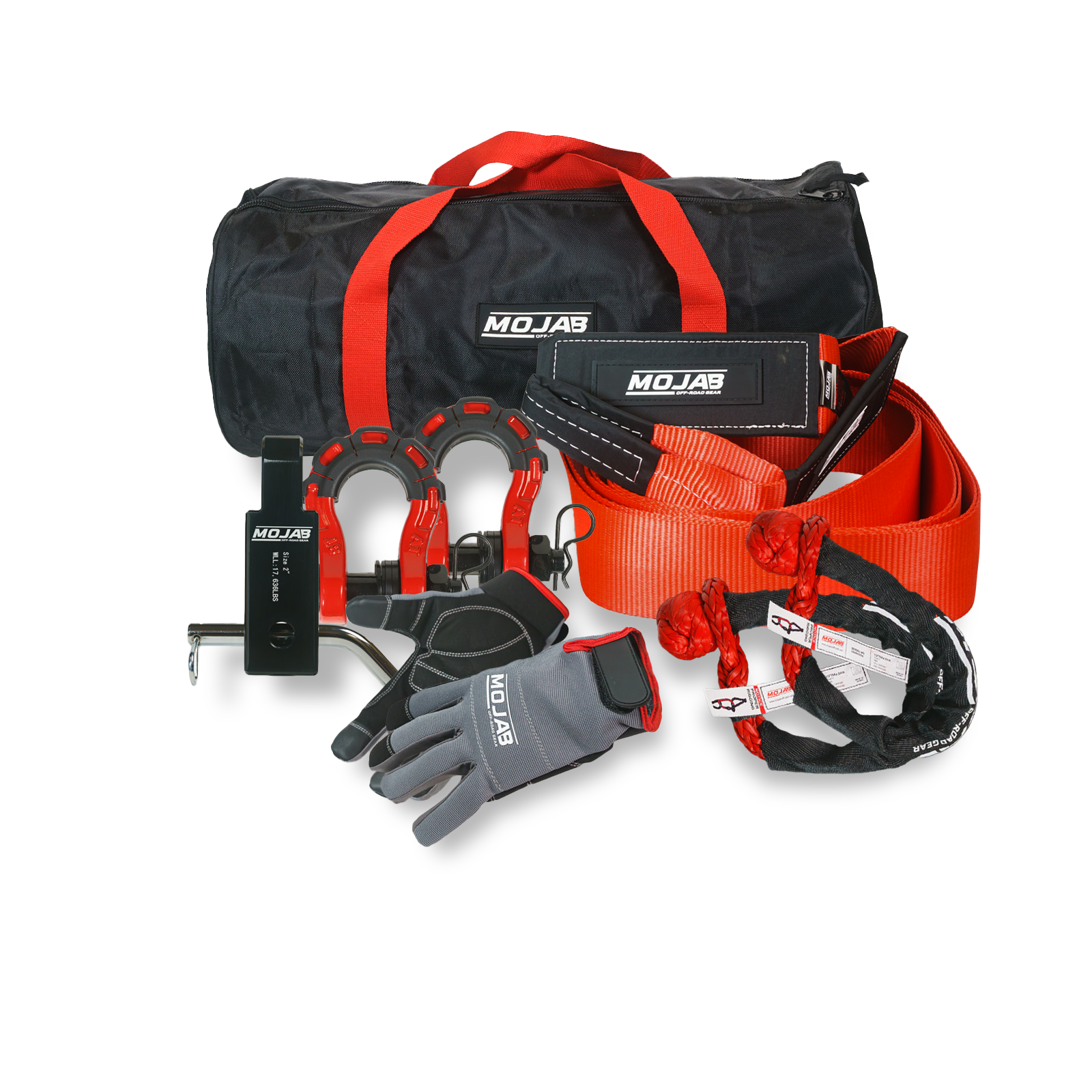Supreme Recovery Kit with tow strap, soft shackles, gloves, aluminum hitch receiver, steel shackles, storage bags, and velcro tape