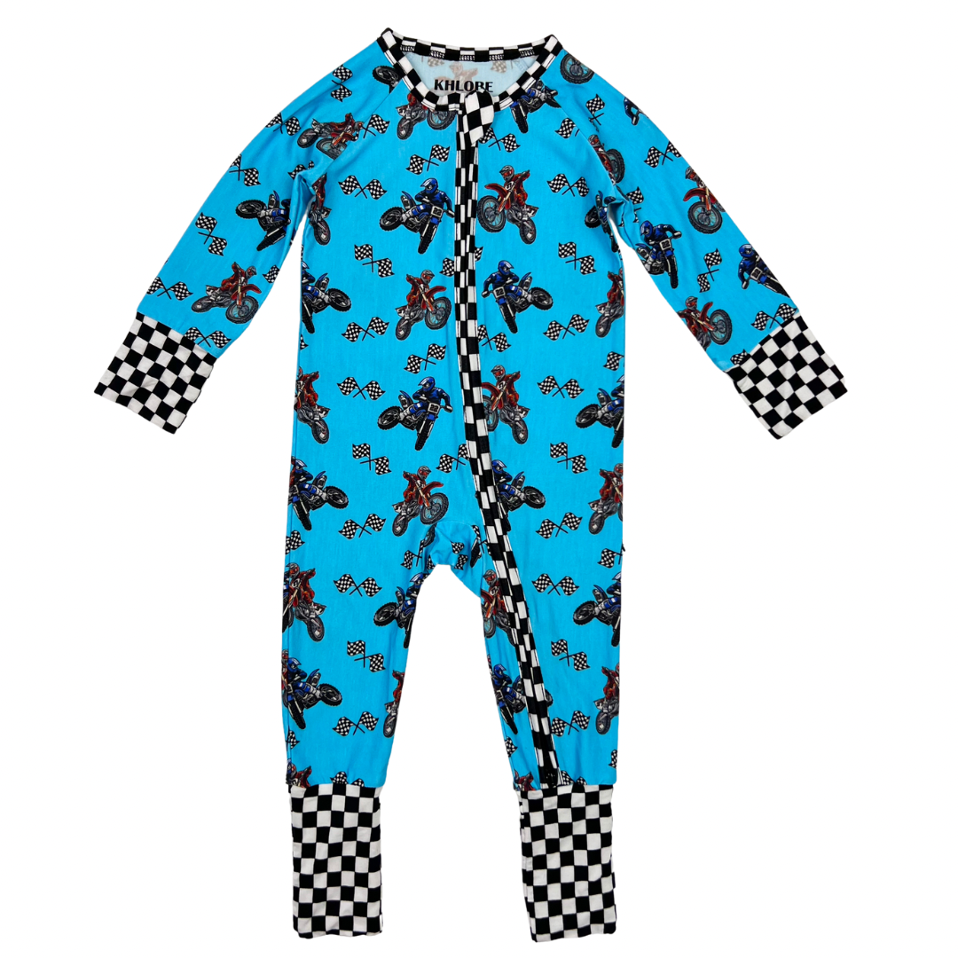 Convertible Zippy baby romper with blue motorcycle print, 2-way zipper, and checkered fold-over cuffs and feet grips.