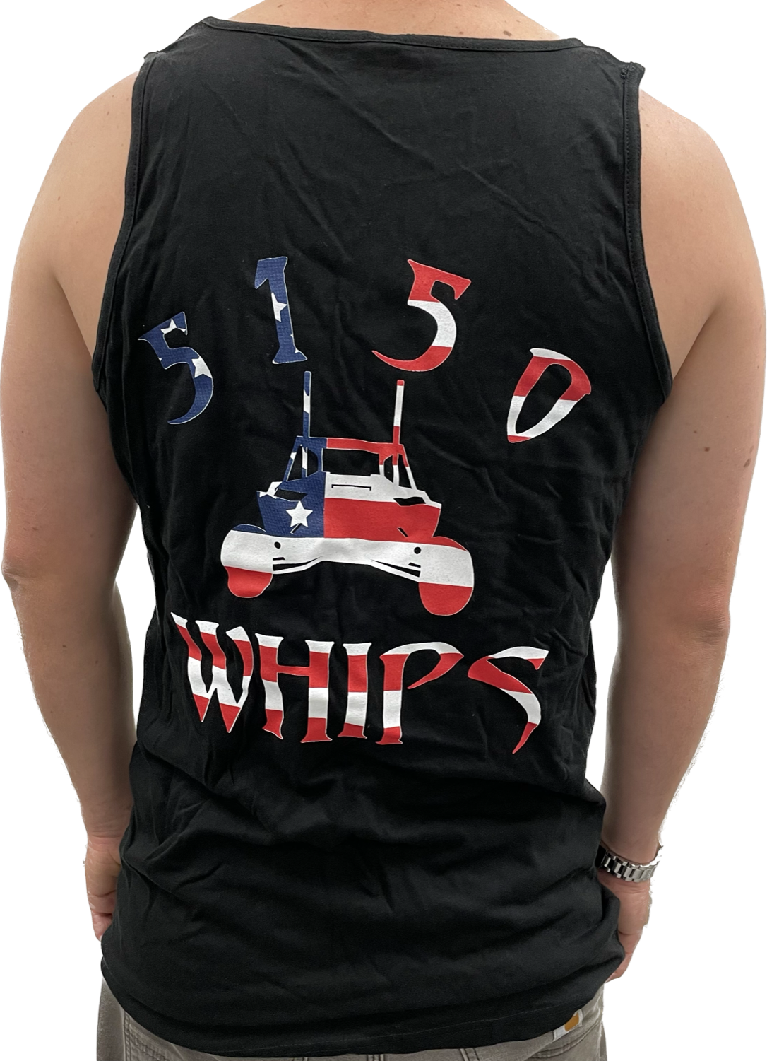 Black 5150 Mens Tank Top with red white blue logo showcasing muscular arms at the dunes