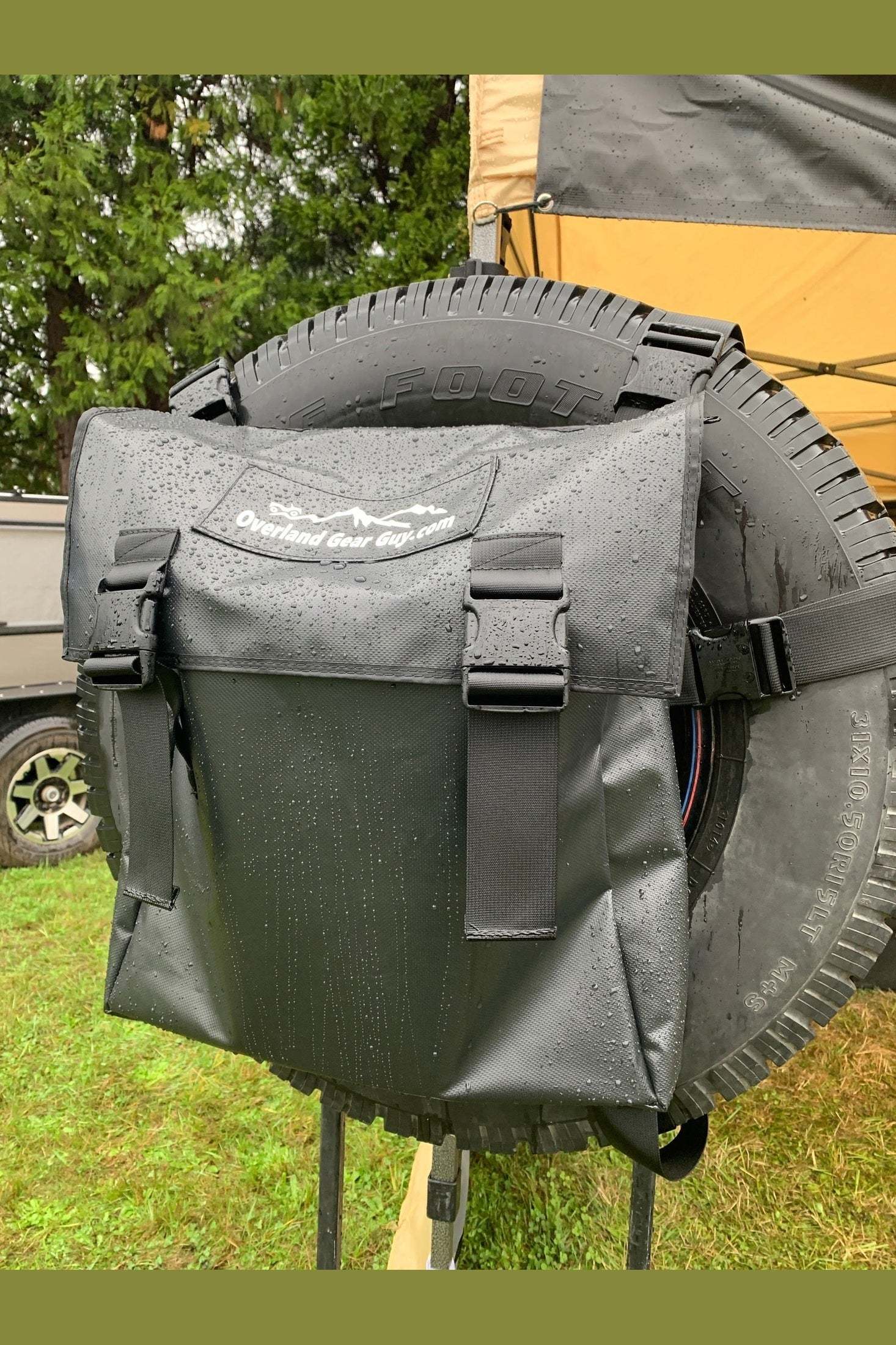 Saint Helens Trail Bag attached to spare tire for outdoor storage and organization