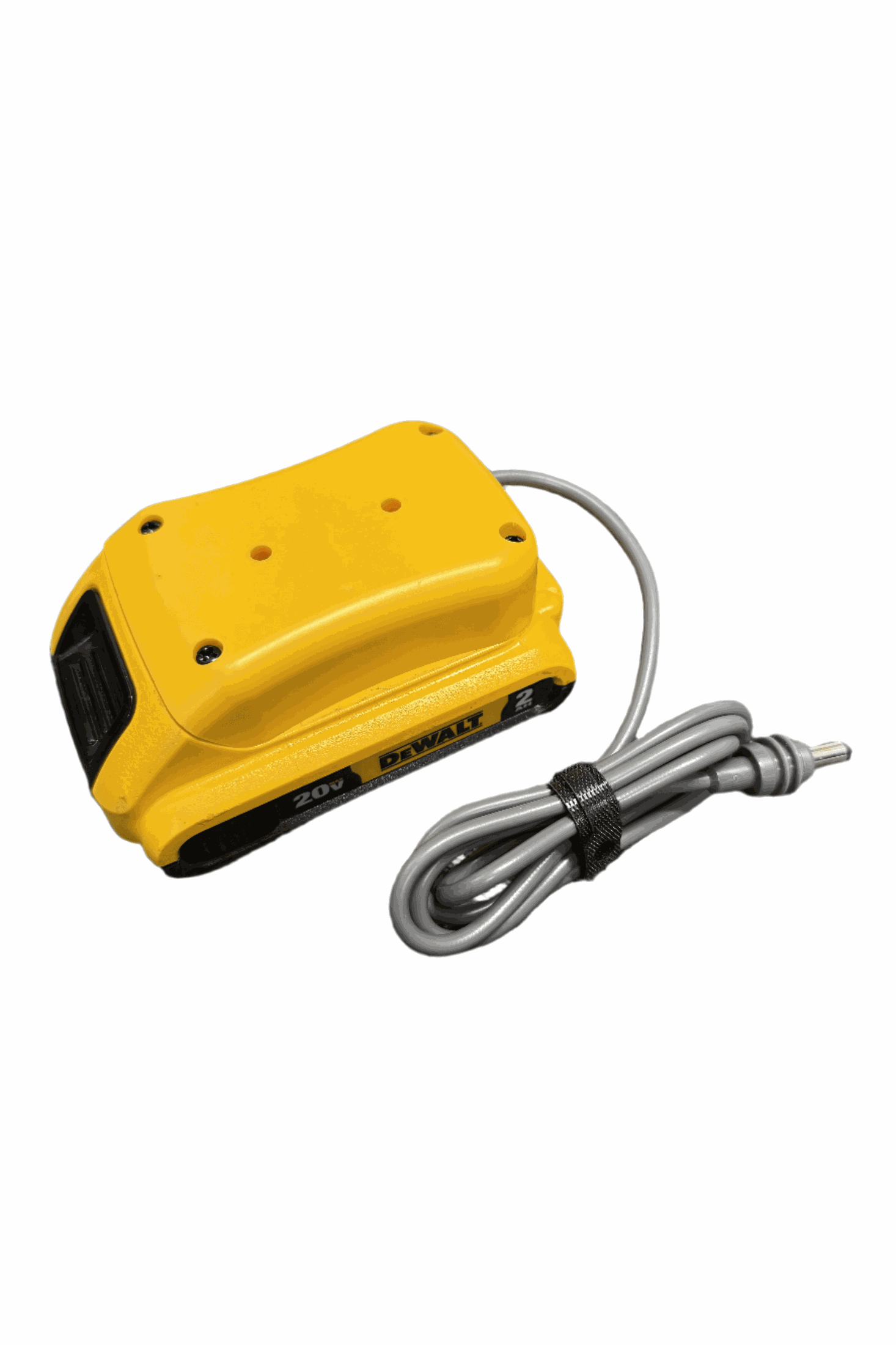 Dewalt Battery Adapter for Starlink Mini, yellow adapter with cord for 12V-24V Dewalt battery connection.
