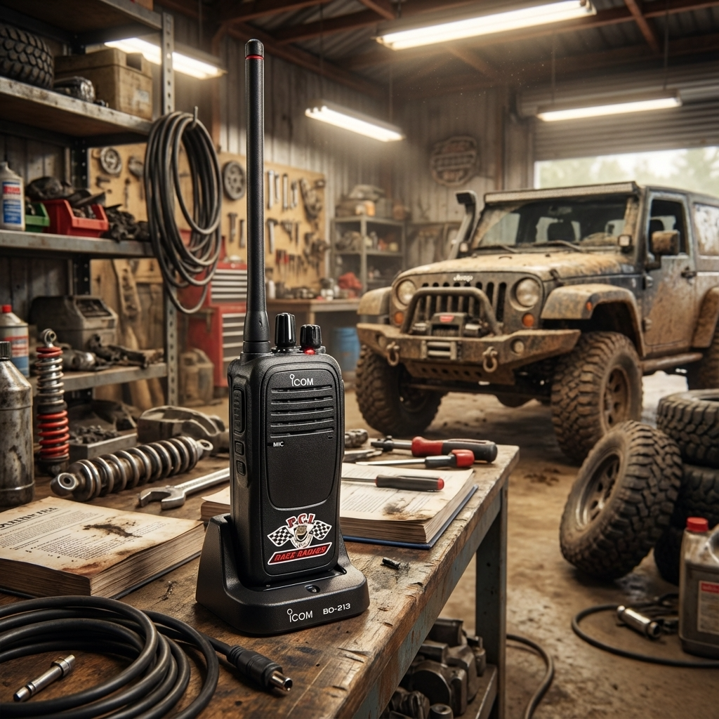 Icom F2000 handheld radio with rapid charger on workshop table near off-road vehicle