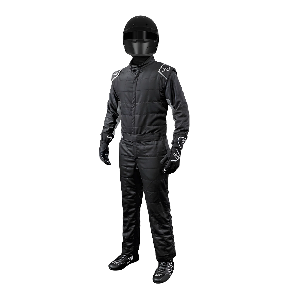 K1 Outlaw 2 Layer Driving Suit in black and blue Nomex with racing certification and ergonomic design