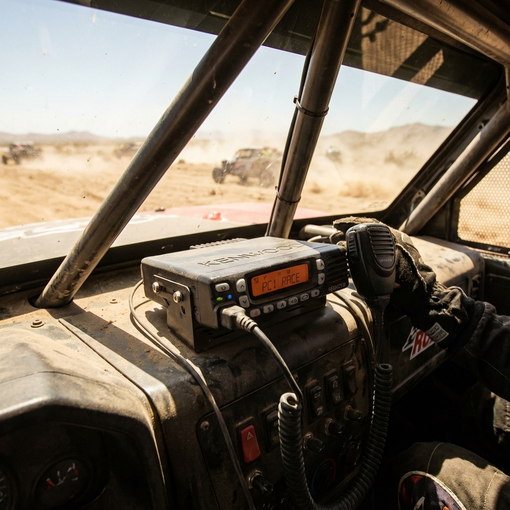 Kenwood TK-7360HK radio mounted inside race vehicle with microphone and desert race background