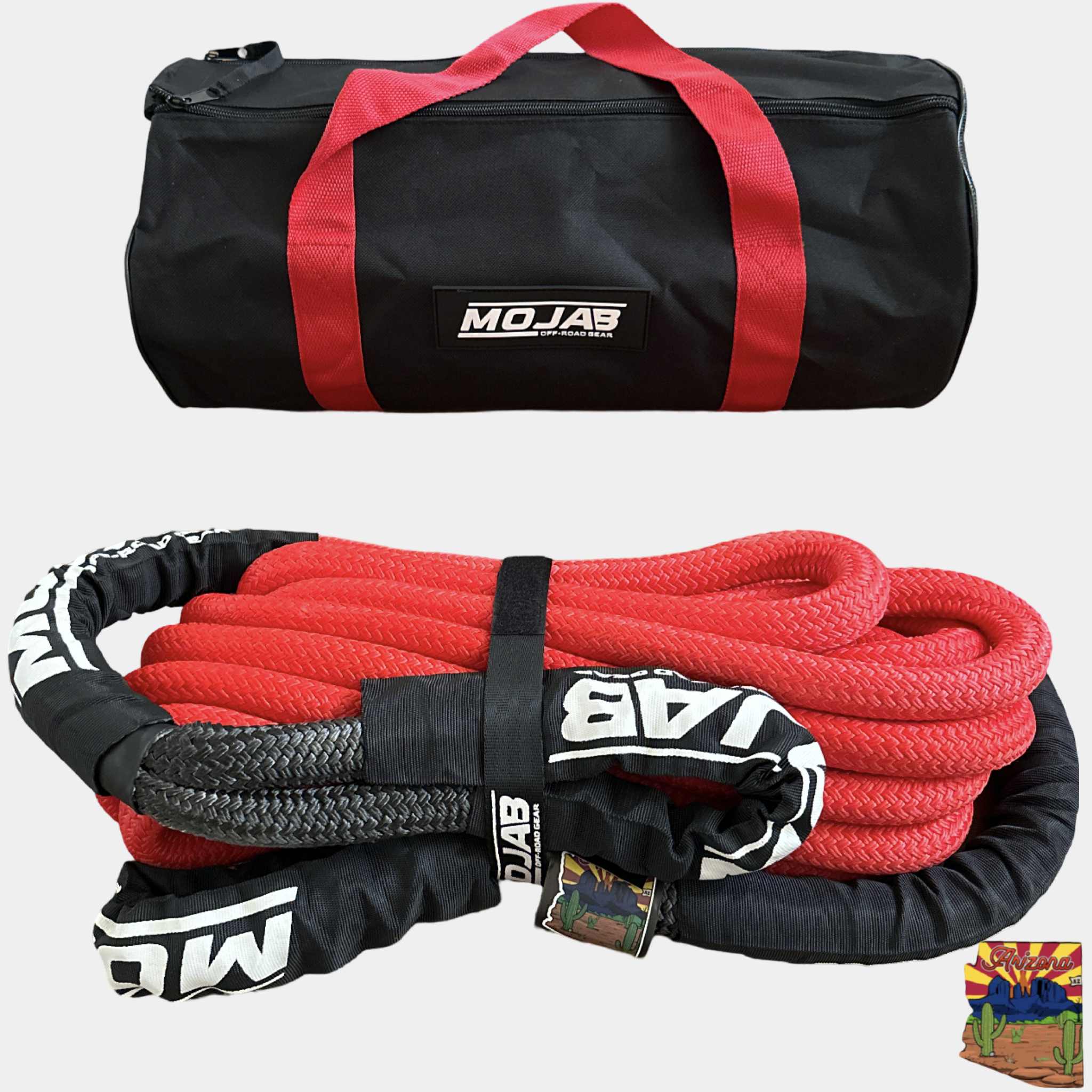 Red 7/8-inch kinetic recovery rope with black protective sleeves and MOJAB branded breathable storage bag