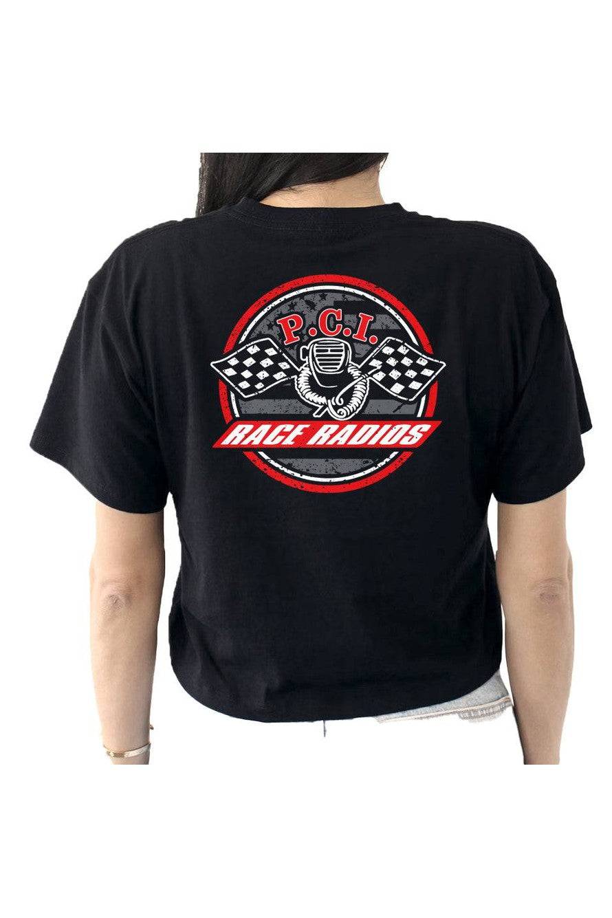 PCI Liberty Ladies black crop shirt with red and white race radios logo on back