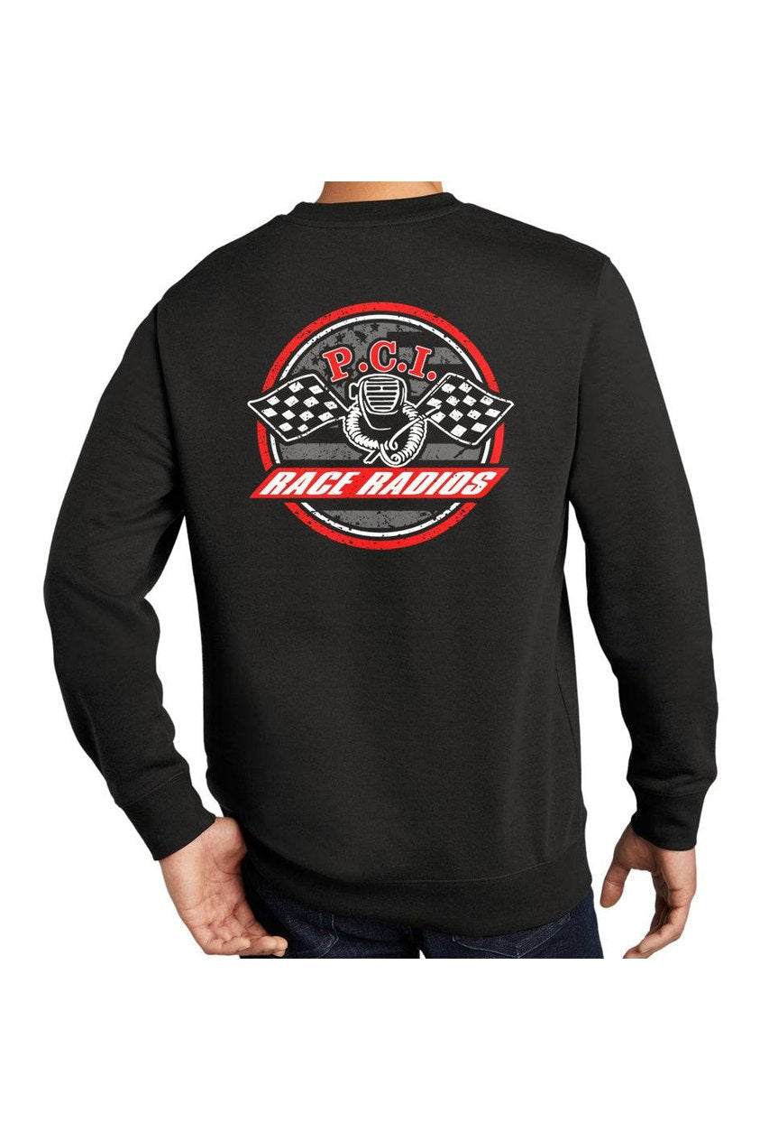 Black PCI Liberty Crew Sweatshirt with race radios logo and checkered flags on back, comfortable cotton blend, long sleeves, rib knit cuffs and hem