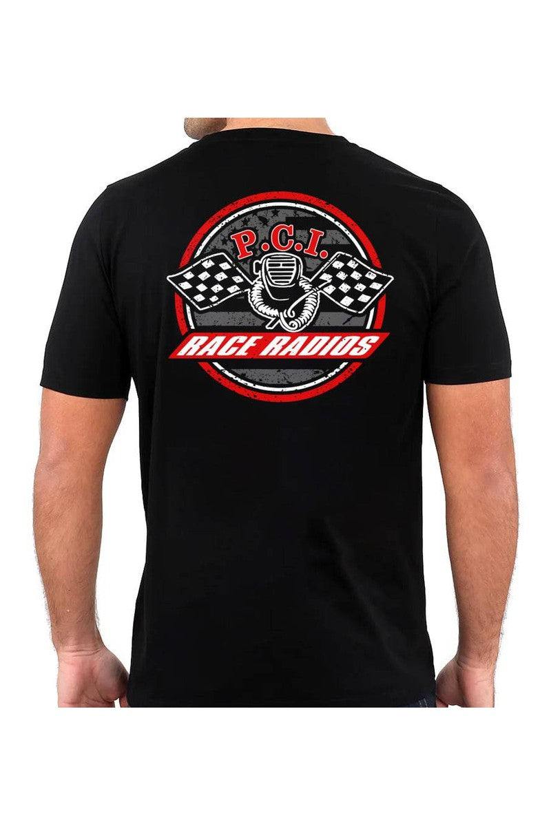 Back view of PCI Liberty Shirt Classic Tee in black with race radios logo and checkered flags, cotton fabric, available in sizes Small to 3XL