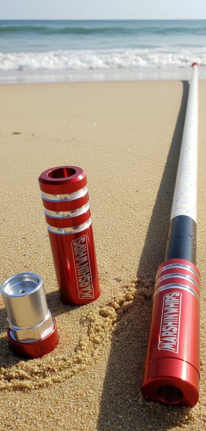 Game Changer Lollypop Red off-road whip with strong rod and LED lights on sand beach