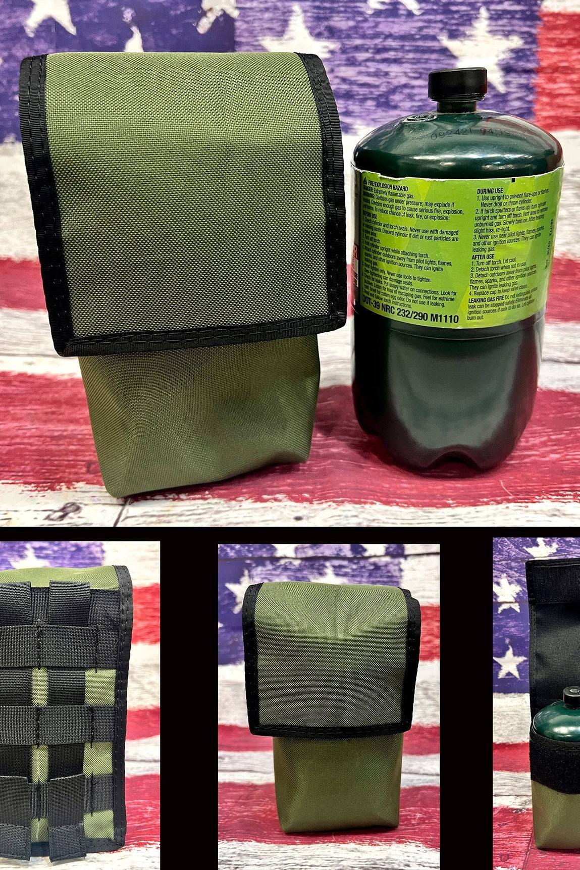 Compact green Propane Bottle MOLLE Pouch with durable construction and MOLLE attachment system for outdoor gear organization.