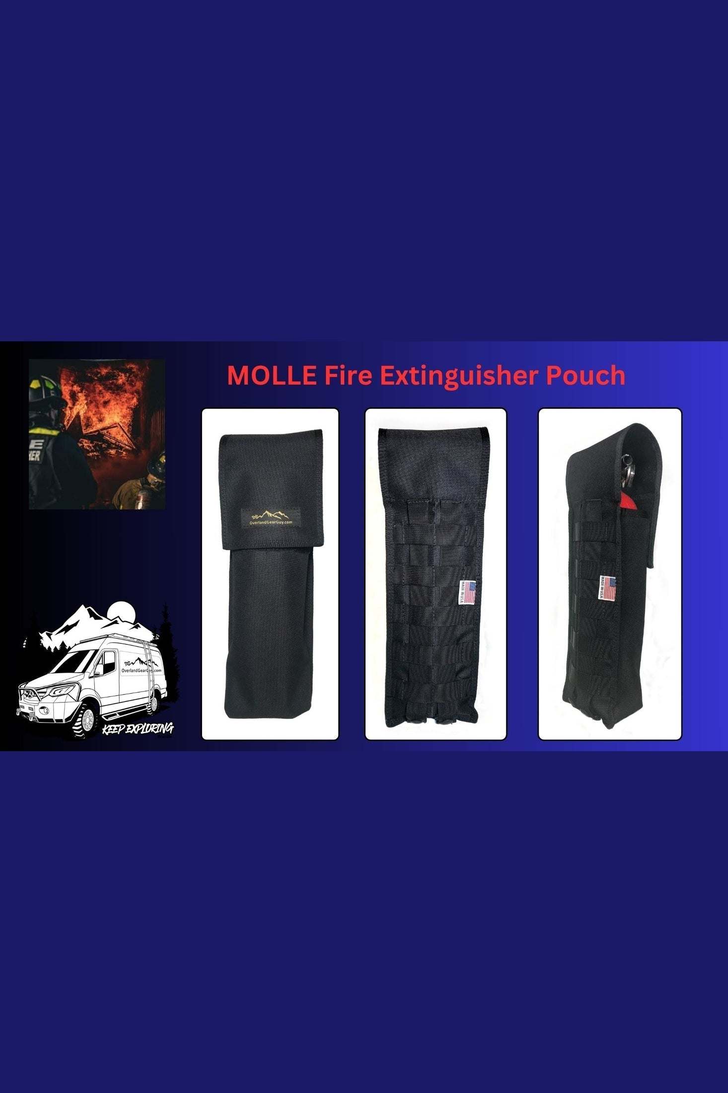 Durable black MOLLE fire extinguisher pouch with mil-spec webbing for off-road use and easy accessibility