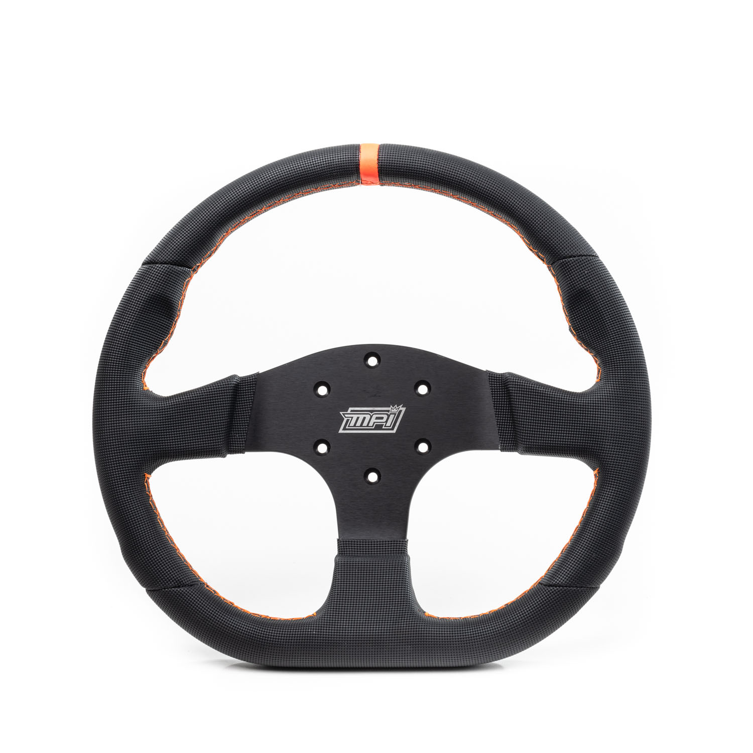 MPI GT2 Steering Wheel with D-shaped aluminum structure and ergonomic oval grip designed for track days and safety.
