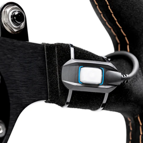 FluidLogic Microbutton Switch mounted on steering wheel with LED hydration reminder and app customization