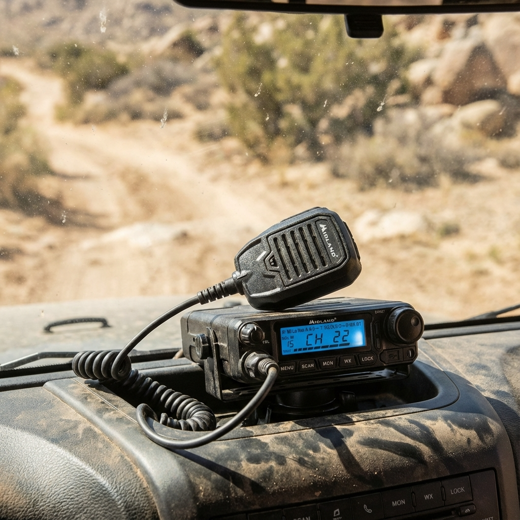 Midland MXT500 50W mobile GMRS radio with microphone mounted in off-road vehicle interior