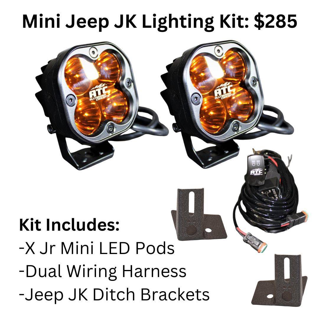 X Jr Jeep JK Lighting Kit with 2 amber mini LED pod lights, dual wiring harness, and Jeep JK ditch brackets