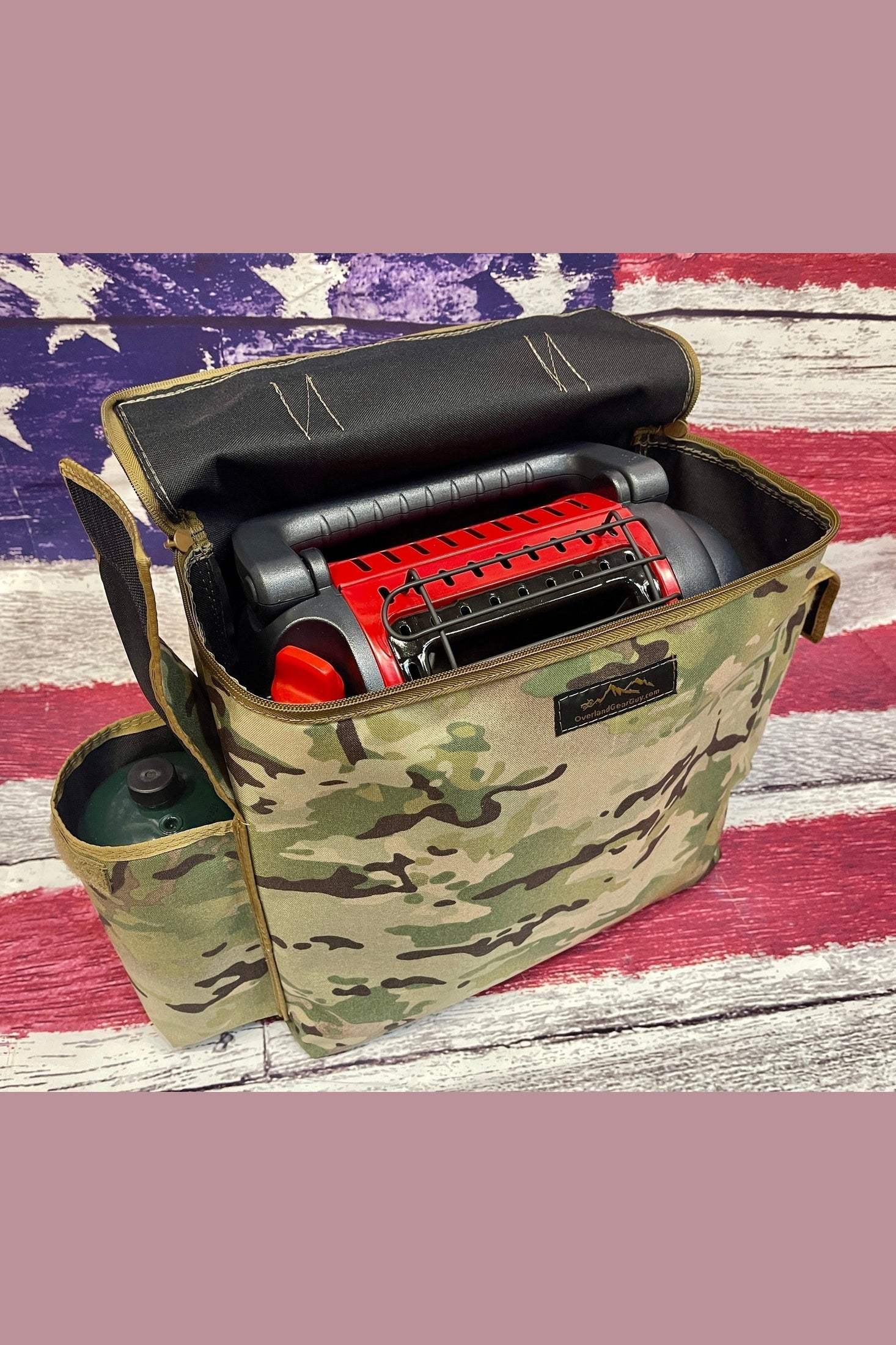 Mr Buddy Heater Bag II camouflage design with bottle pouches and open top carrying a red portable heater