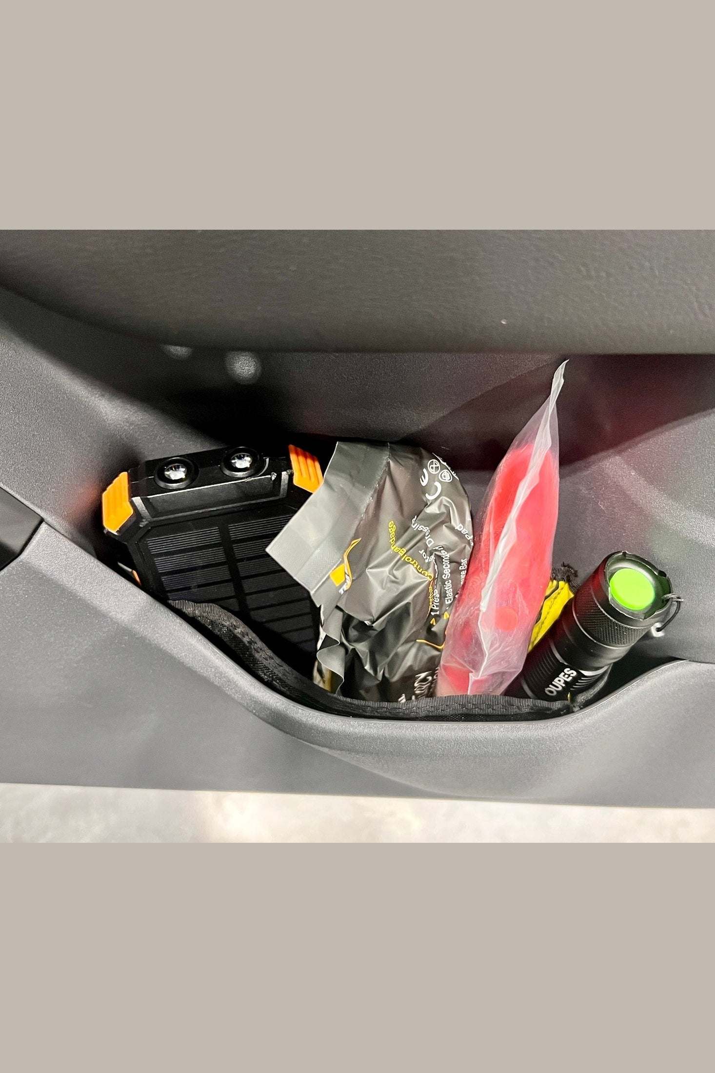 INEOS Grenadier door cubby pouch with organized storage items inside vehicle door panel