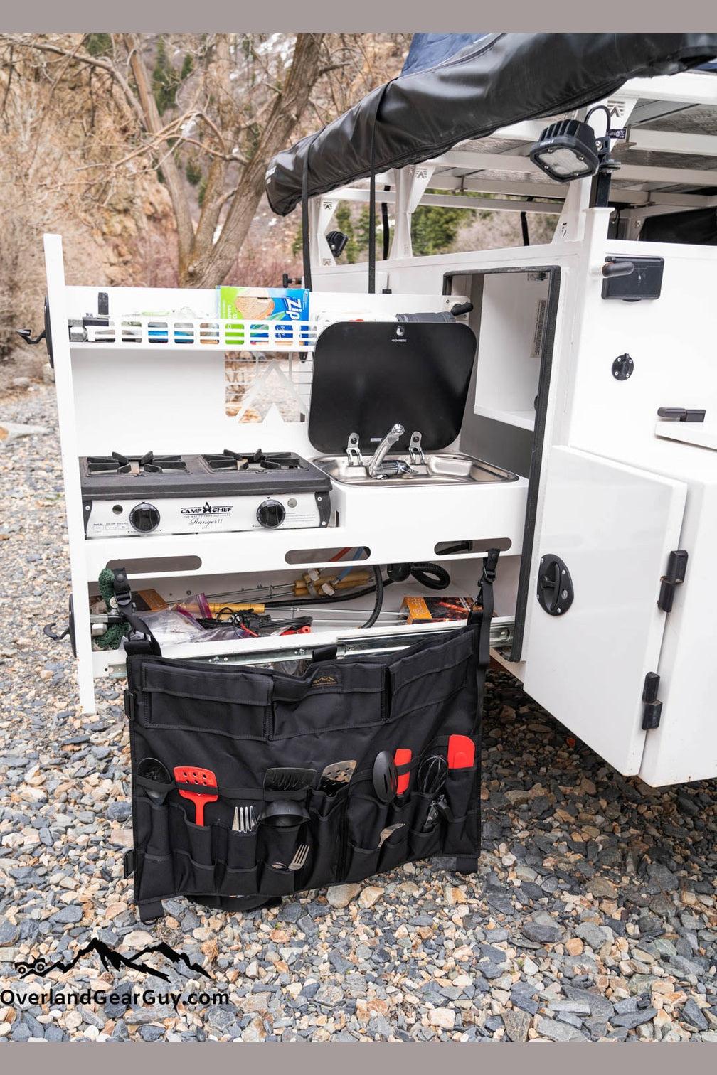 Top Chef Utensil Organizer attached to camp kitchen with multiple utensils and tools stored efficiently