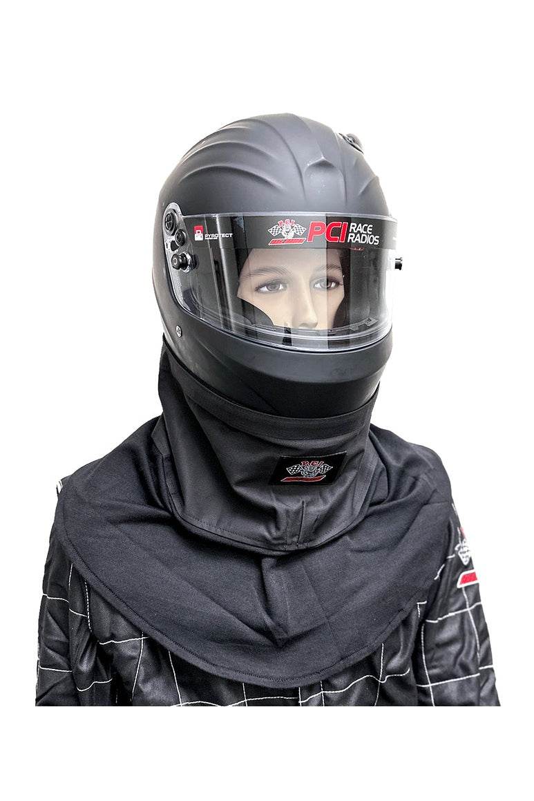 Fire retardant helmet skirt attached to helmet, protects against dust and heat.