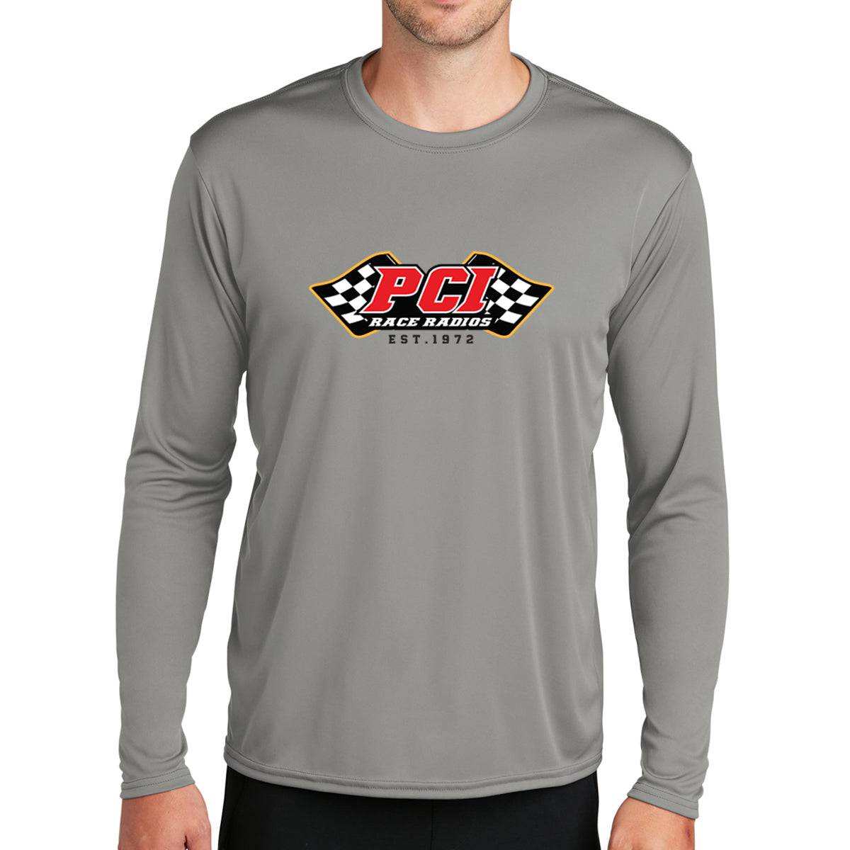 Charcoal gray PCI Solar UPF 50 long sleeve shirt with moisture-wicking fabric and hemmed cuffs