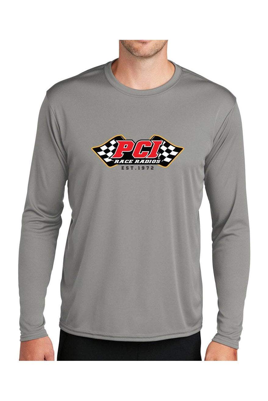 PCI Solar UPF 50 charcoal gray moisture-wicking long sleeve shirt with logo and sun protection