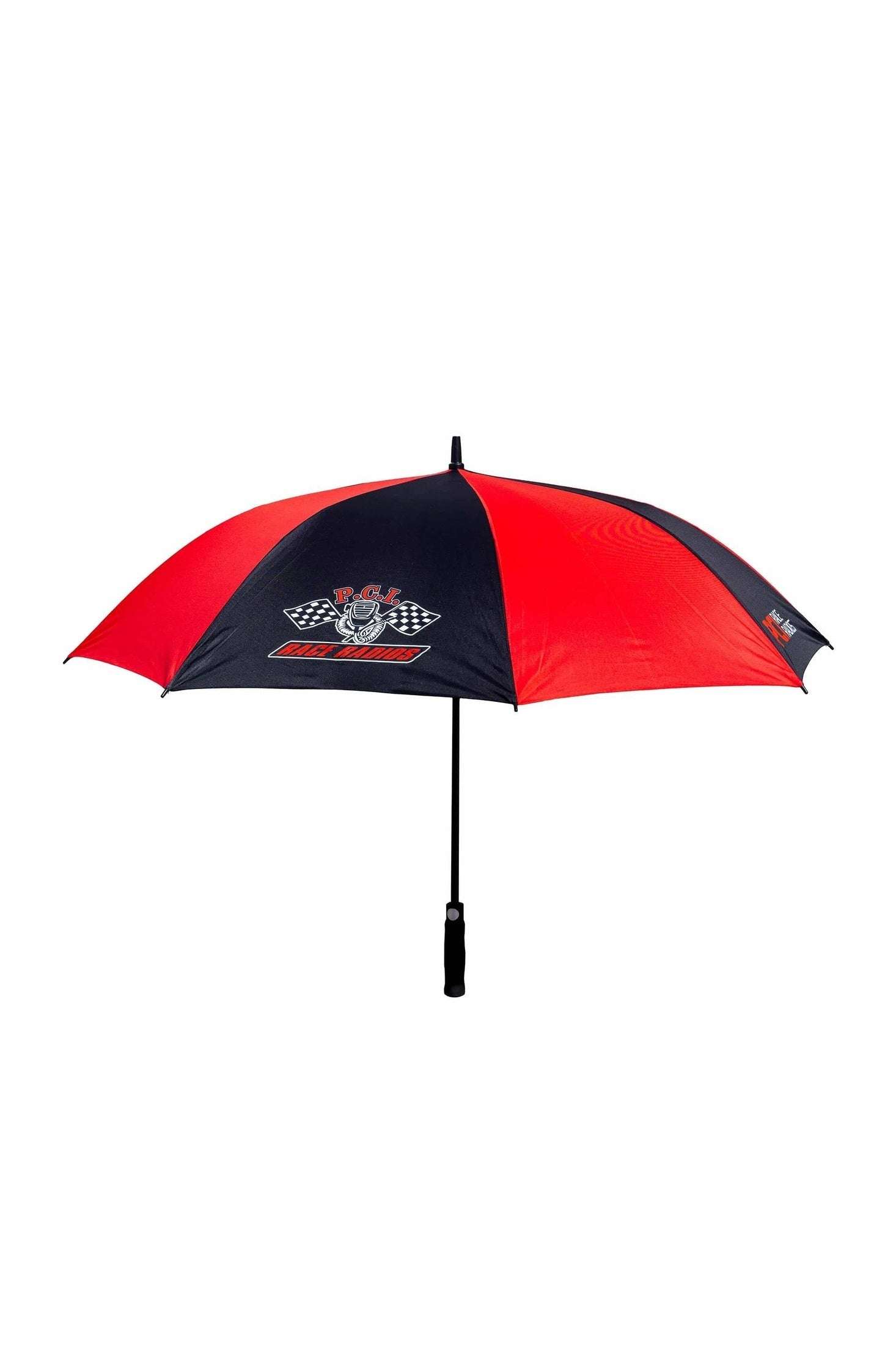 PCI Golf Umbrella with black and red panels and PCI logos for stylish rain protection on the course