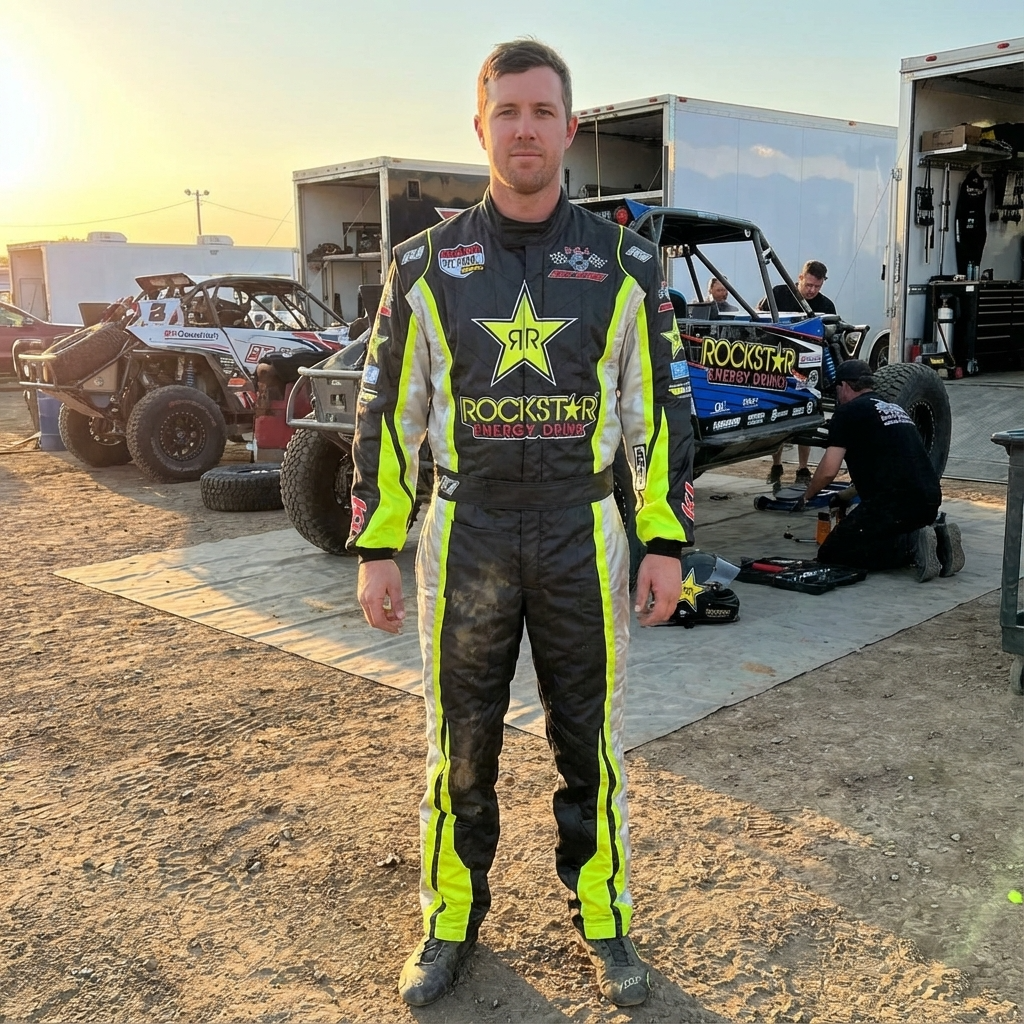 Man wearing custom PCI 1 Layer SFI 3.2A/1 certified driving suit with Rockstar Energy logos at race track