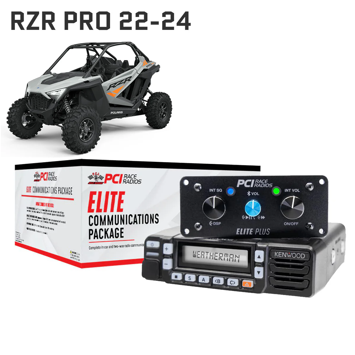UTV communications package with Elite intercom, mobile radios, headsets, and PTT for Polaris RZR Pro models 2022-2024