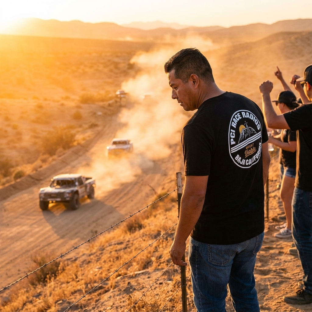 Man wearing PCI Diablo shirt with off-road racing artwork at desert race event during sunset