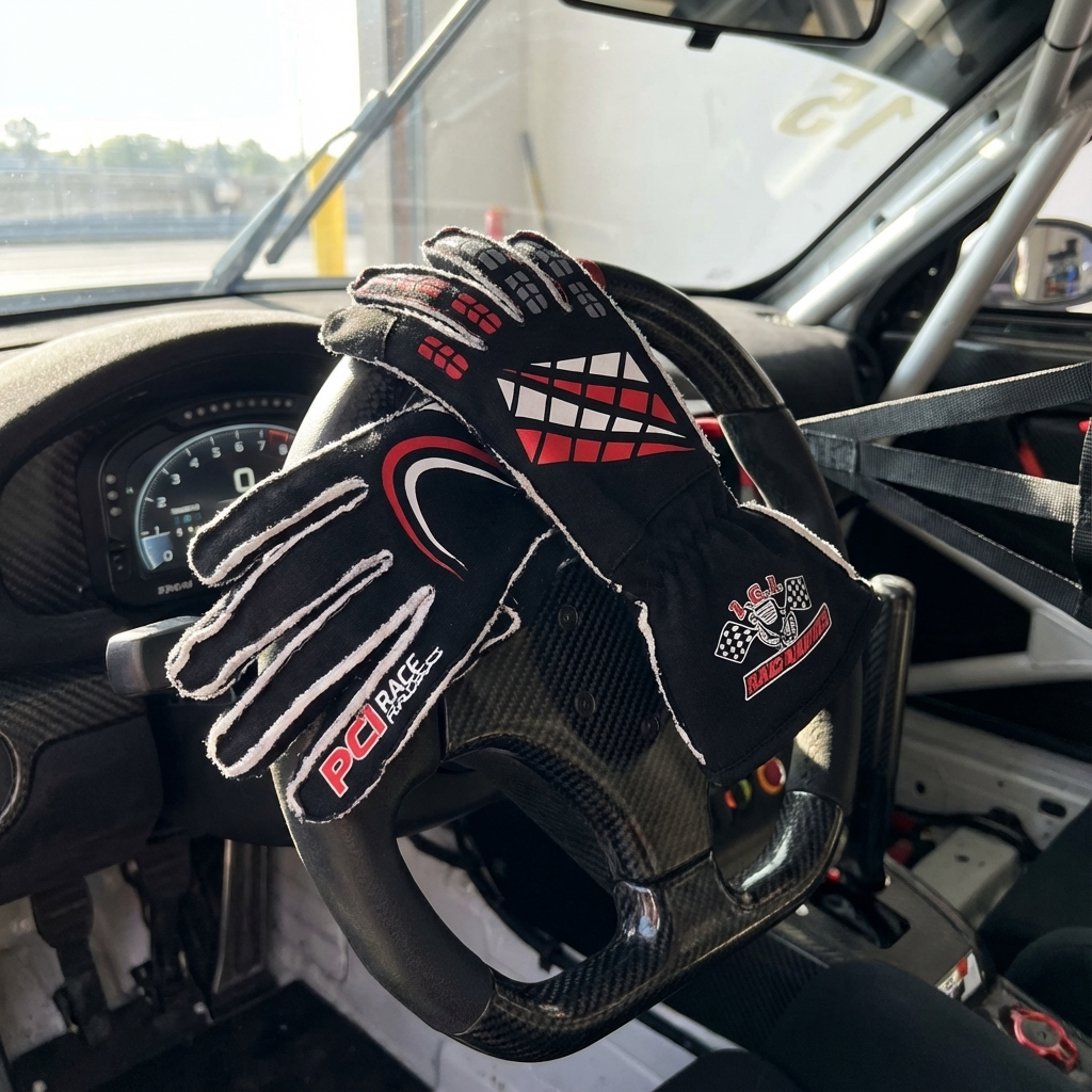 PCI certified black racing driving gloves on a steering wheel with ergonomic design and silicone grip in a race car cockpit