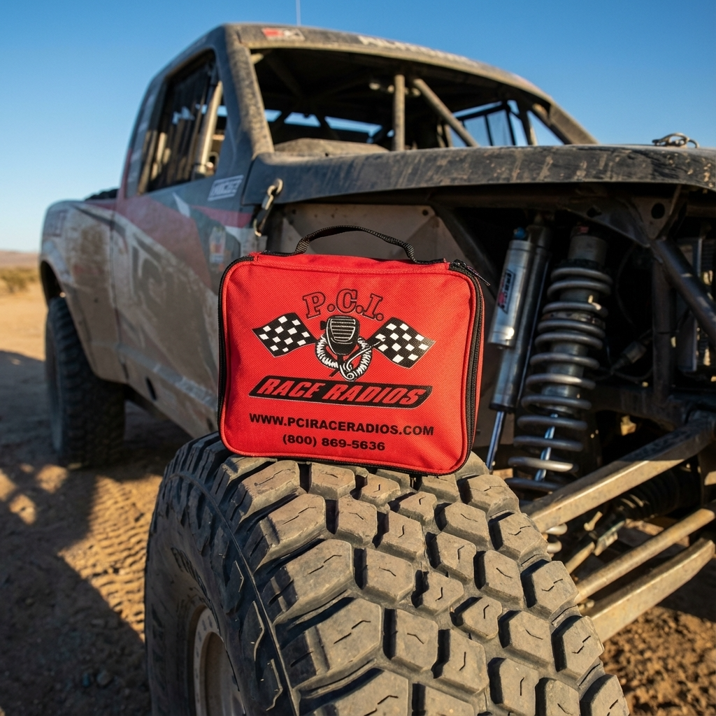 PCI race legal first aid kit in red bag on off-road truck tire for Baja trail safety