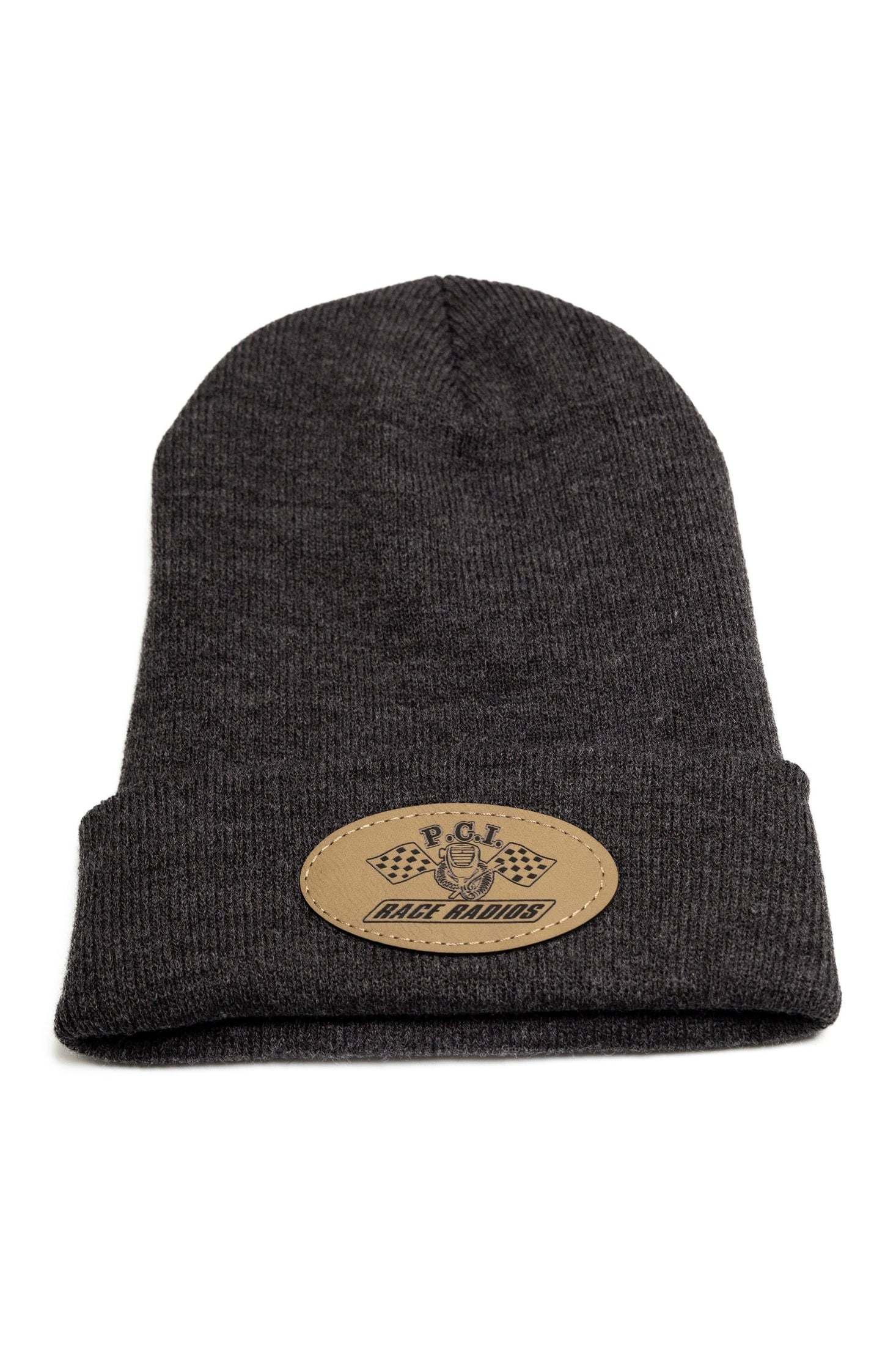 Charcoal grey PCI Racer winter knit beanie with front PCI logo patch