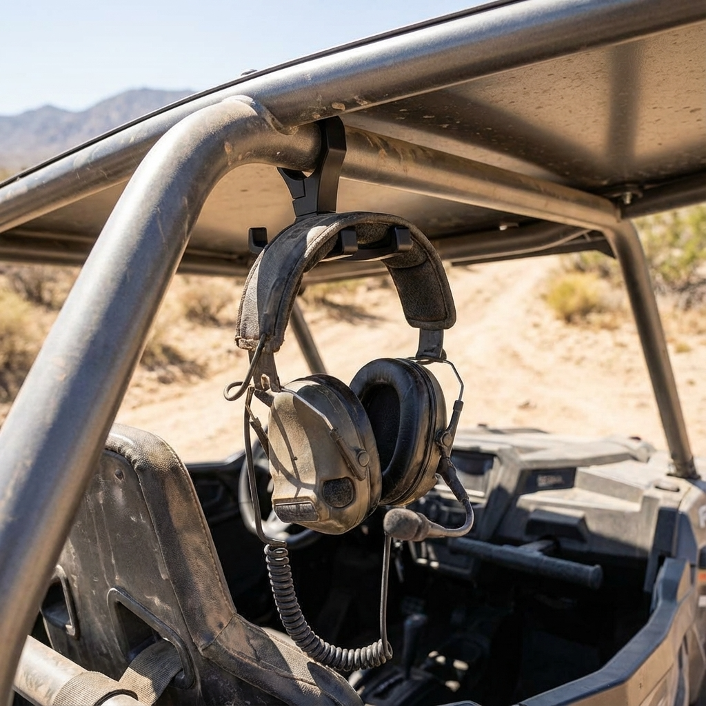 PCI headset hanger mounted on roll bar protecting headset in off-road vehicle