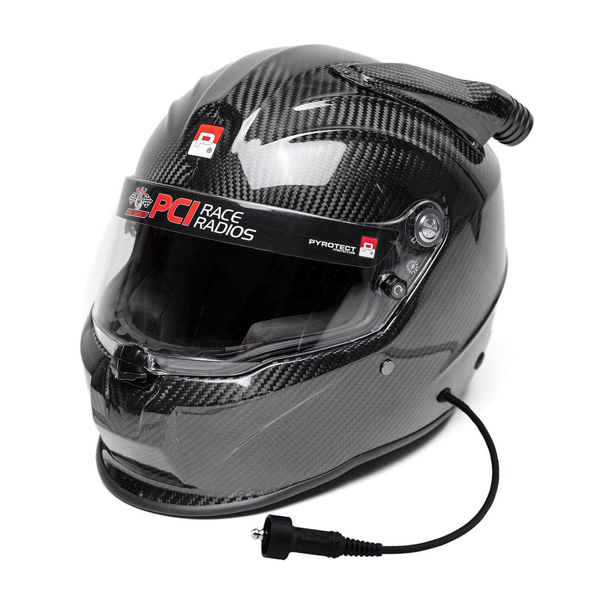 PCI Wired Pyrotect Pro Race Carbon MidAir SA2025 helmet with custom wired speakers and microphone for racing safety and comfort