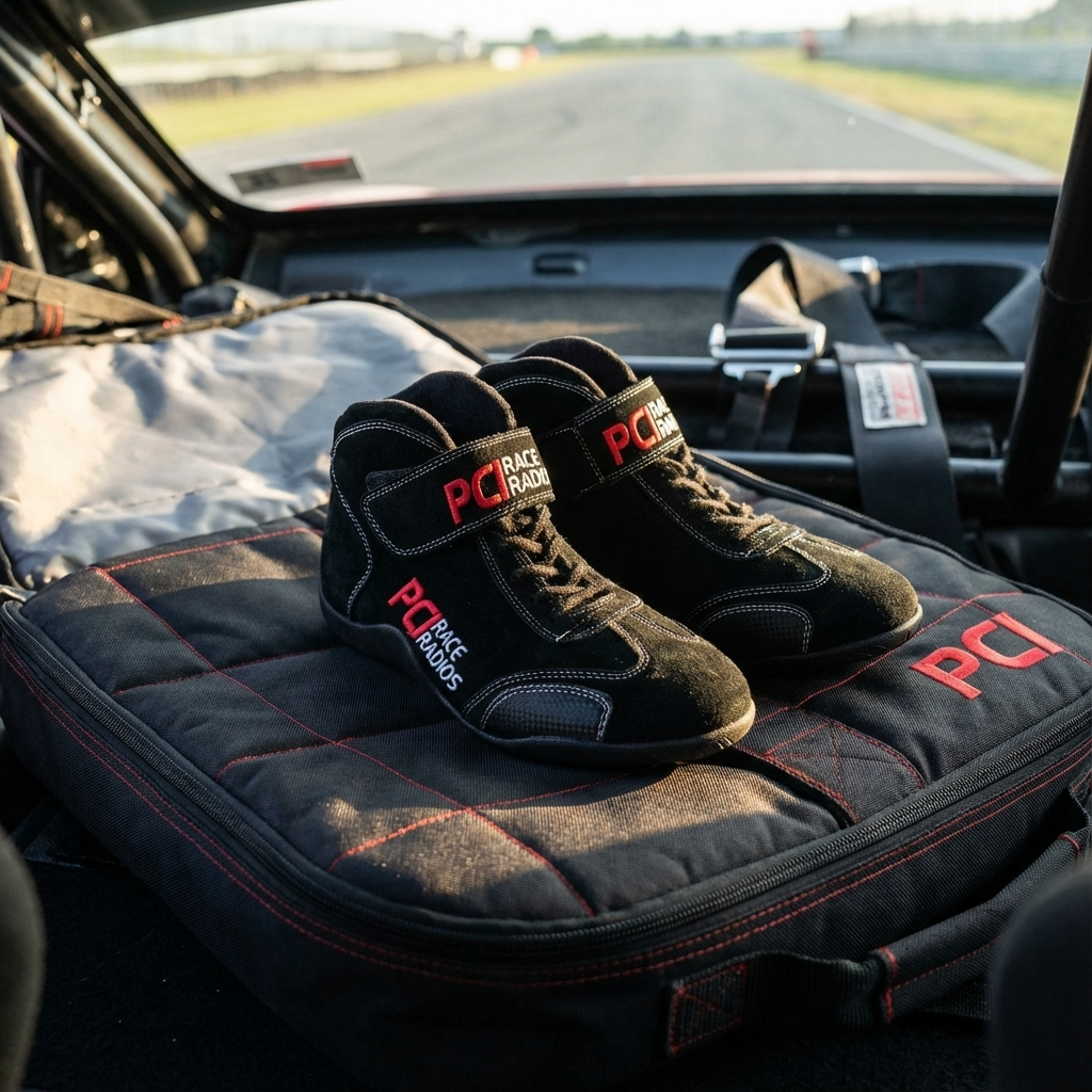 PCI Racing black SFI 3.3/5 rated driving shoes with embroidered logos and Nomex laces on a racing car seat.