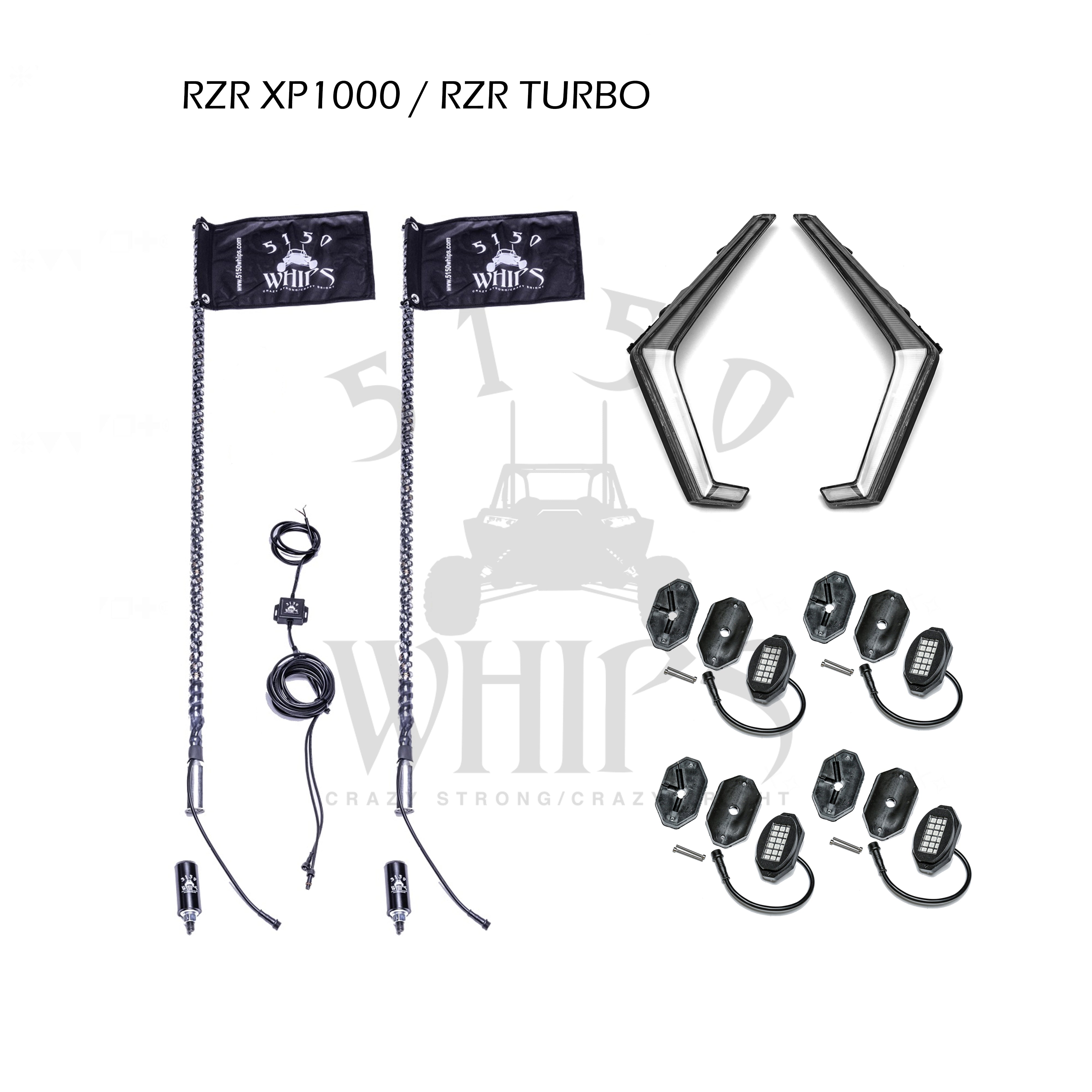 RZR XP1000 Turbo Lighting Kit with 4ft 187 Whips, 4-POD Rock Lights, and 187 Fang Lights installed on off-road vehicle